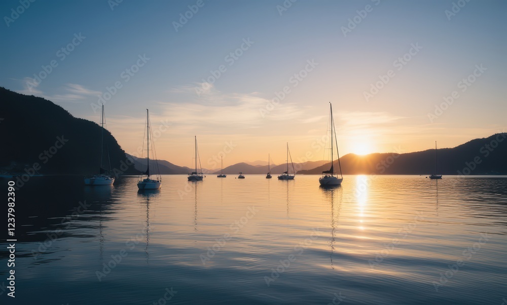 Serene sunset over calm waters with sailboats Serene sunset over calm waters with sailboats