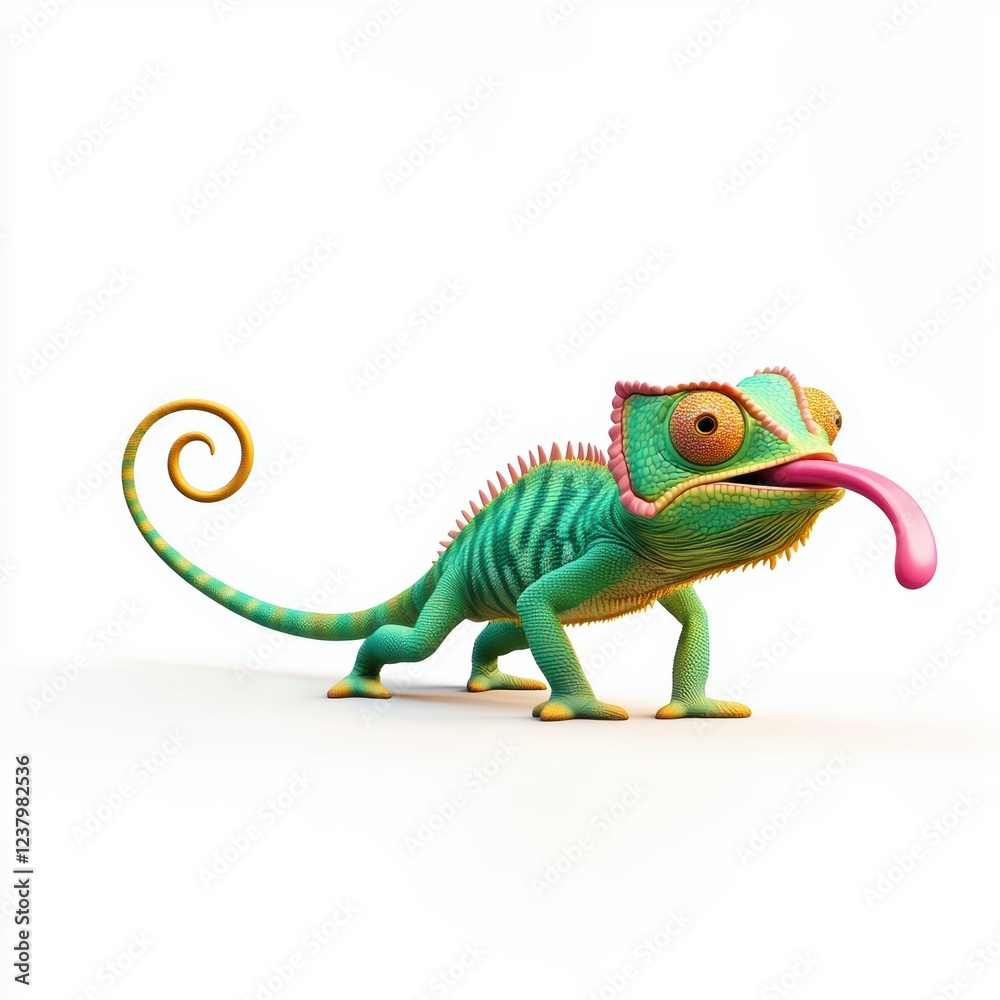 Fototapeta premium Chameleon extending its long sticky tongue to catch an insect, placed on a bright white background