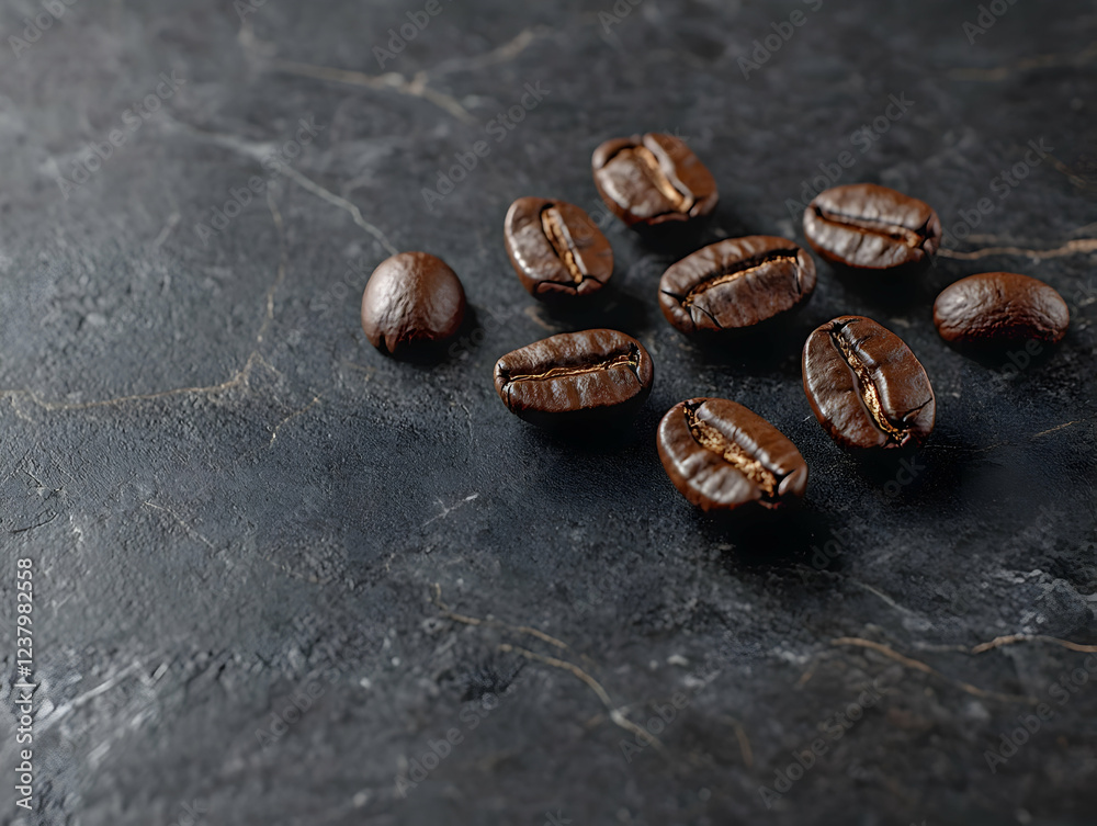 Fototapeta premium Roasted coffee beans on dark stone. Food advertising