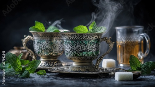 Traditional Arabic Tea Ceremony with Ornate Silver Cups, Fresh Mint Leaves, and a Steaming Hot Beverage in a Richly Decorated Setting photo