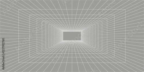 3D wireframe white room. Abstract perspective grid. Retro futuristic concept. Vector illustration.