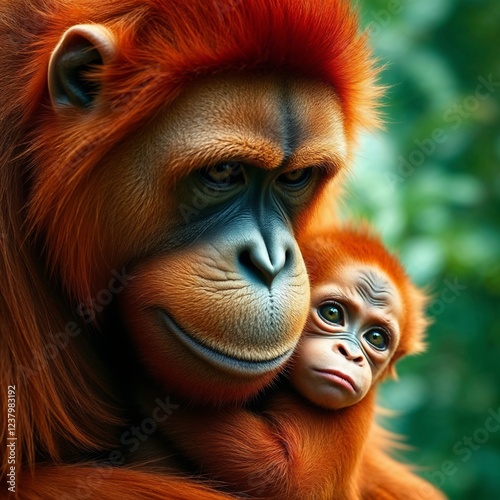 Adorable orangutan and its infant, a loving moment. Educational materials, Biology, Nature conservation, Infographics, tourism, logo, children's book,

 photo