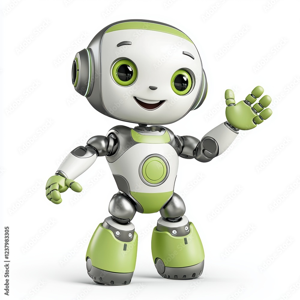 cheerful humanoid robot in silver and green, waving happily, centered on a clean white background cheerful humanoid robot in silver and green, waving happily, centered on a clean white background