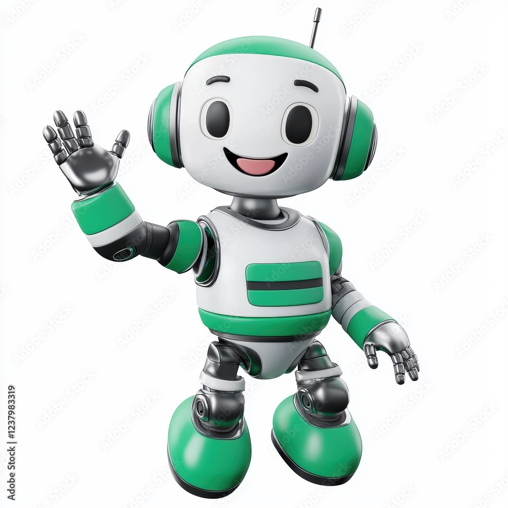 cheerful humanoid robot in silver and green, waving happily, centered on a clean white background cheerful humanoid robot in silver and green, waving happily, centered on a clean white background
