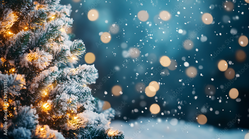 Fototapeta premium Holiday background with a snow-covered Christmas tree adorned with garland lights, creating a festive scene.
