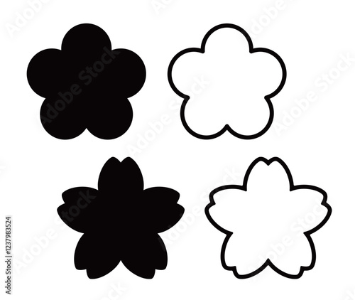 梅と桜の花の形のイラスト素材のセット　コピースペースあり　背景透過　白黒
