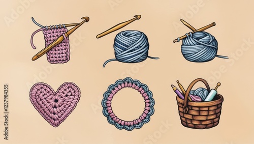 Crochet and Knitting Supplies Yarn Balls Hooks Needles Heart Circle and Basket