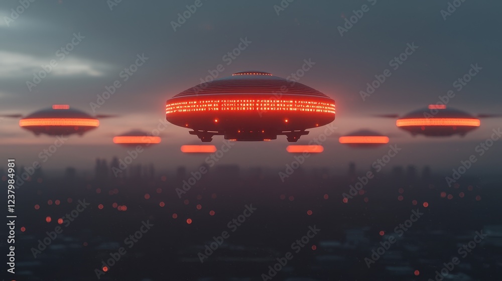 Futuristic UFOs Hovering Above Urban Landscape at Dusk Futuristic UFOs Hovering Above Urban Landscape at Dusk