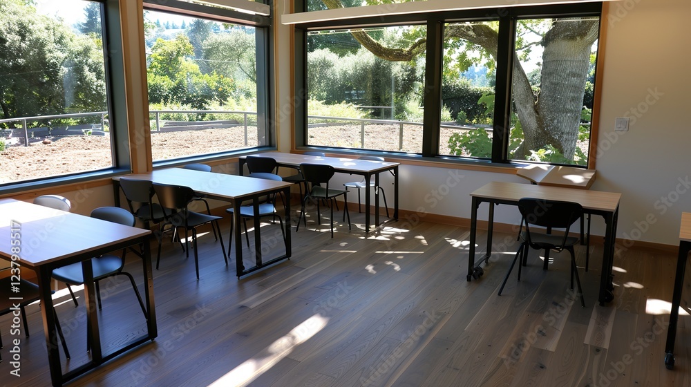 Fototapeta premium Modern minimalist office with empty desks and chairs, large windows, and ample copy space, symbolizing workspace demand and professional environment.