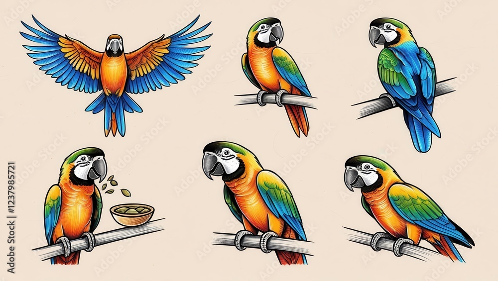 Obraz premium Colorful Macaw Parrot Illustrations Diverse Poses Flying Bird Detailed Drawing
