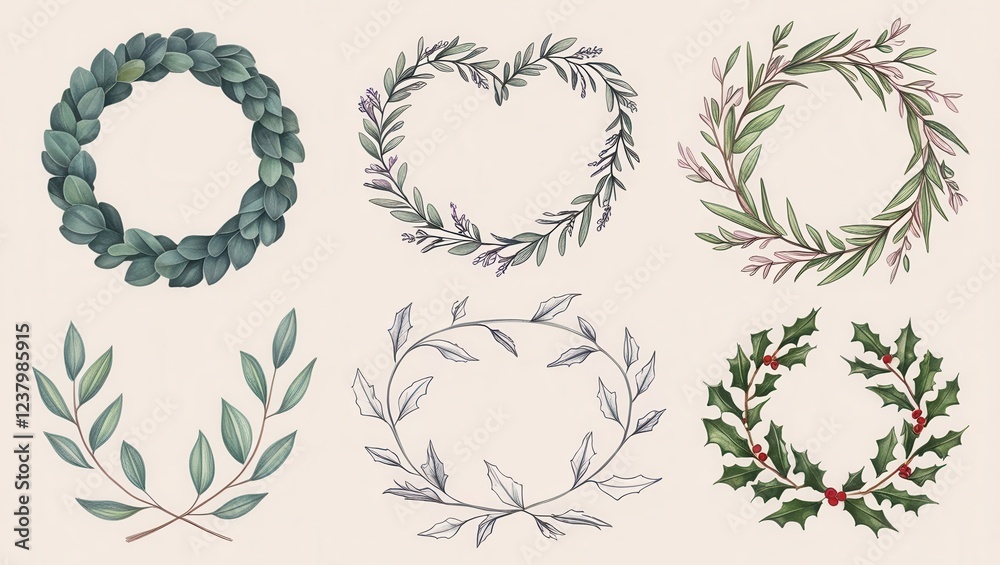 Fototapeta premium Watercolor Botanical Wreath Collection Greenery Floral and Holly Wreaths for Design