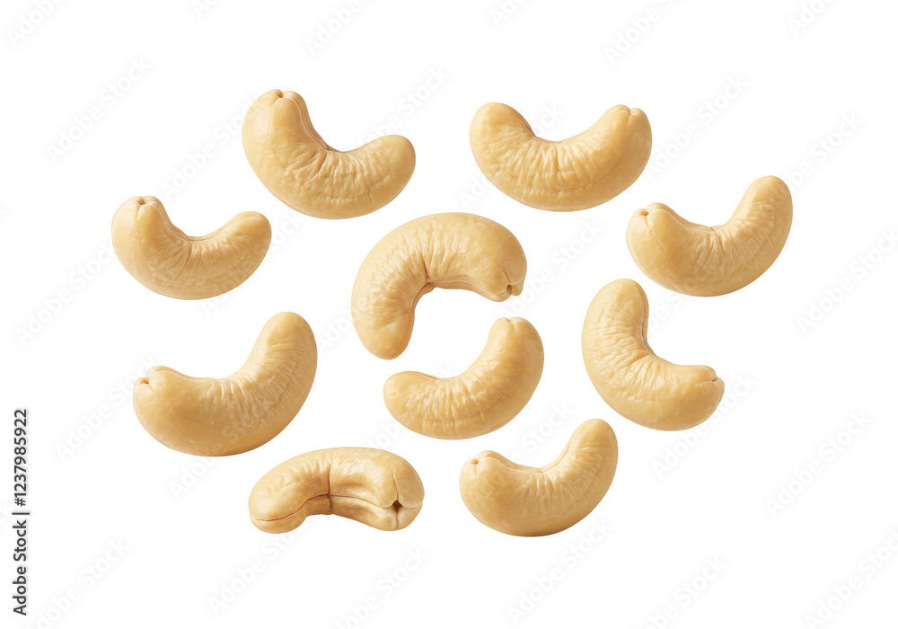 Falling cashew nuts isolated on white background, front view, no depth of field, sharp Falling cashew nuts isolated on white background, front view, no depth of field, sharp
