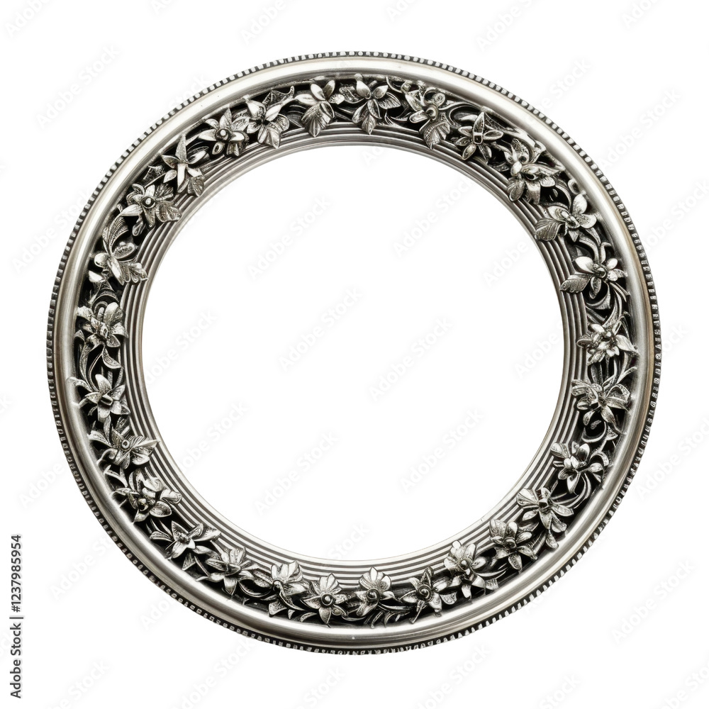 Elegant round silver frame with floral design, perfect for displaying cherished memories or artwork. Its intricate detailing adds touch of sophistication to any decor Elegant round silver frame with floral design, perfect for displaying cherished memories or artwork. Its intricate detailing adds touch of sophistication to any decor