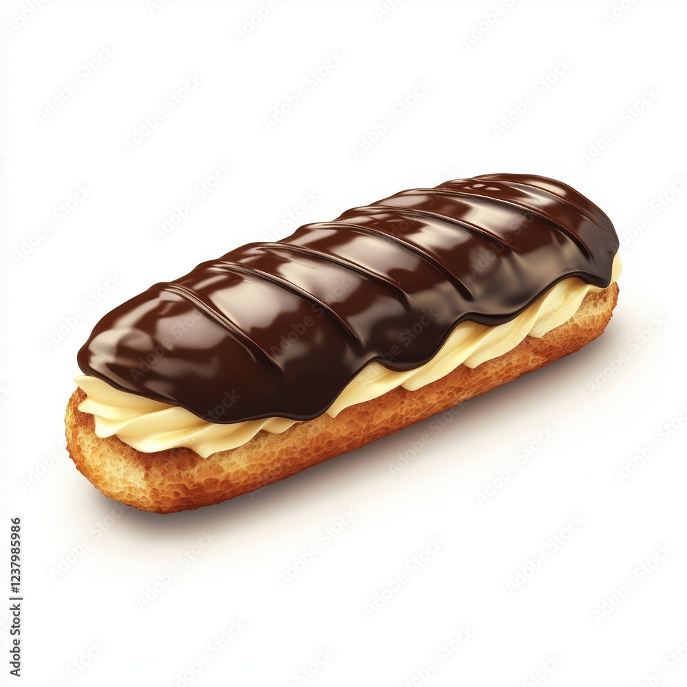 Chocolate-glazed eclair with vanilla cream inside, isolated on a clean white background