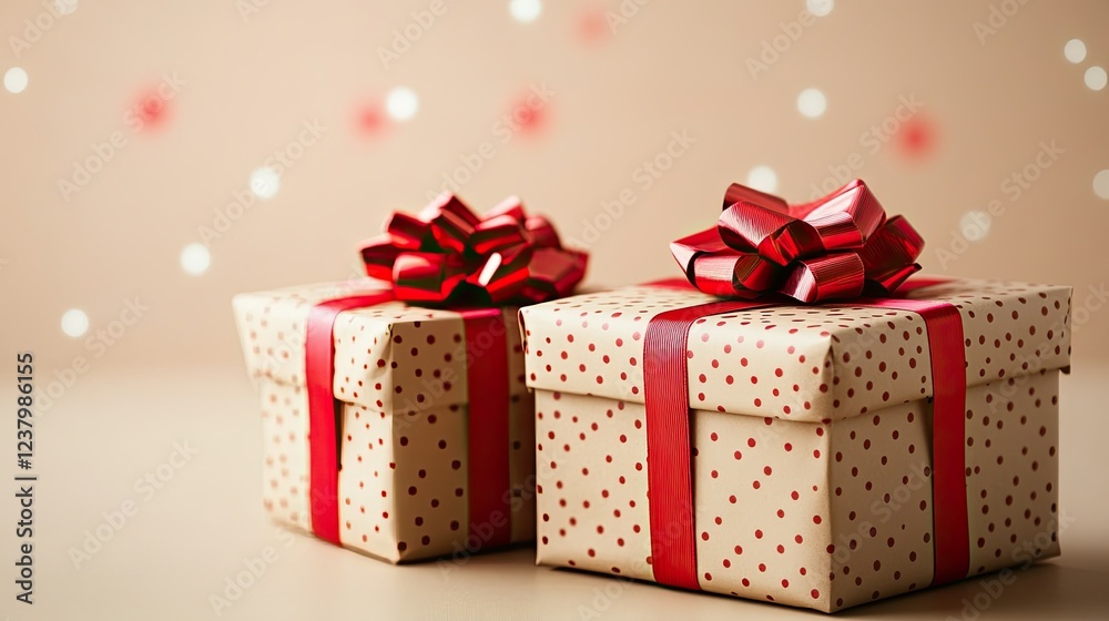 Two Gift Boxes Wrapped In Red And Beige Paper Two Gift Boxes Wrapped In Red And Beige Paper