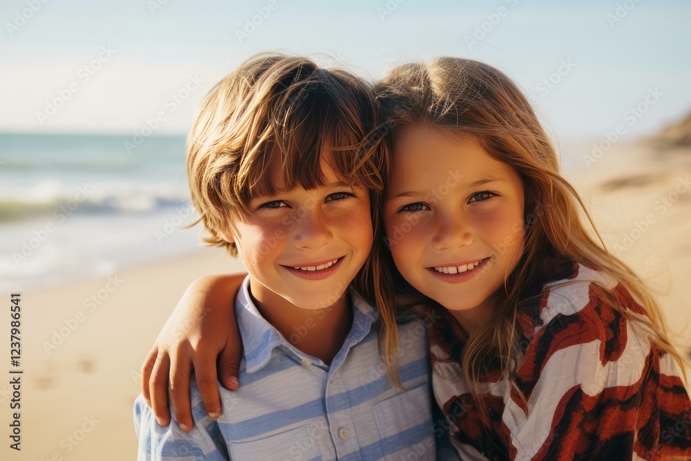 Two young siblings embrace and smile on a sunny beach, enjoying their summer vacation together Two young siblings embrace and smile on a sunny beach, enjoying their summer vacation together