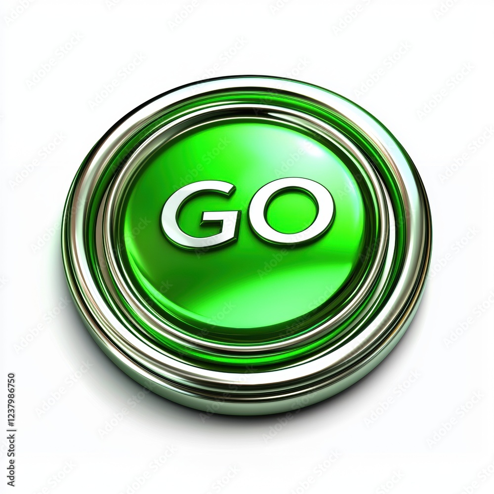 circular GO button in vibrant green with metallic edges and a glossy finish, placed on a bright white background circular GO button in vibrant green with metallic edges and a glossy finish, placed on a bright white background
