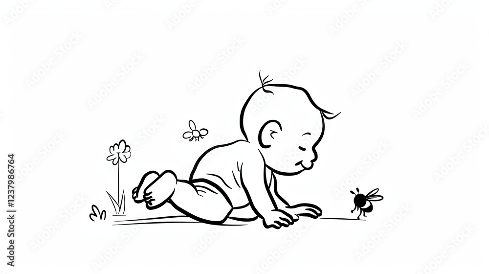 Fototapeta premium A simple line drawing of an adorable baby crawling, on a white background, in a minimalistic style