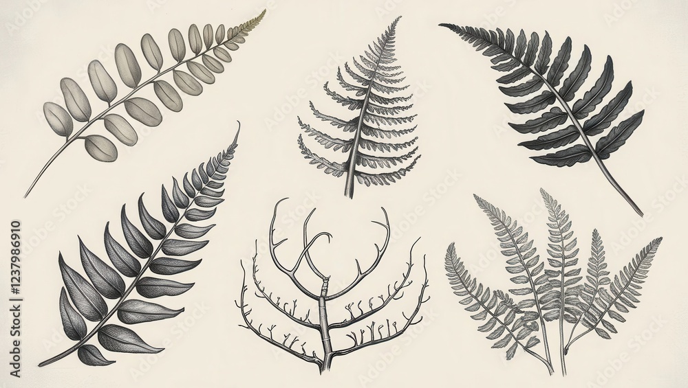Naklejka premium Collection of Detailed Hand Drawn Botanical Illustrations of Ferns and Leaves in Monochrome