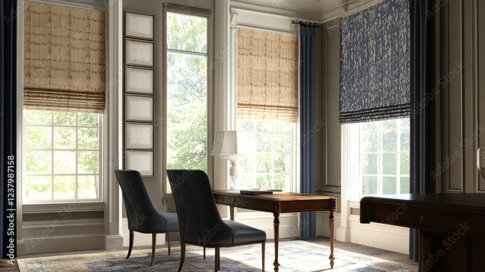 Elegant Home Office with Natural Light and Custom Roman Shades