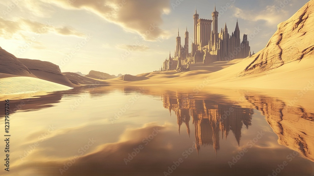 Obraz premium An ancient castle rises from the golden sands of the desert, casting long shadows and creating a dry, intense atmosphere suited for epic or historical narratives.