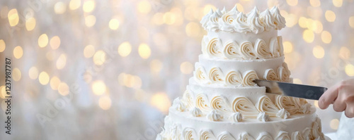 newlywed couple joyfully cuts multi tiered wedding cake adorned with elegant frosting photo