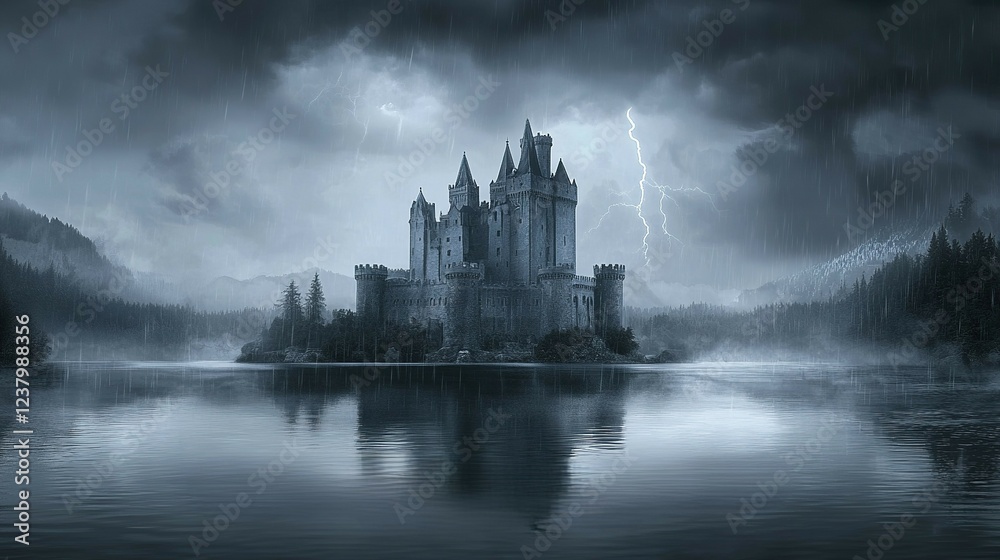 A looming castle stands against a dark, stormy sky, its reflection broken by raindrops in the churning waters of the lake below. dramatic mood for adventure or dark fantasy settings. A looming castle stands against a dark, stormy sky, its reflection broken by raindrops in the churning waters of the lake below. dramatic mood for adventure or dark fantasy settings.