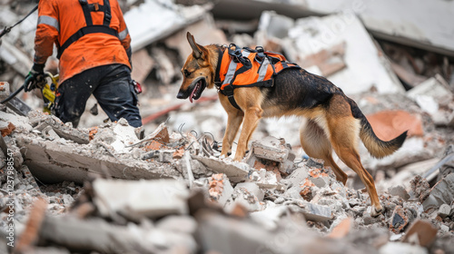 Rescue dog navigating debris of collapsed buildings, assisting in search efforts