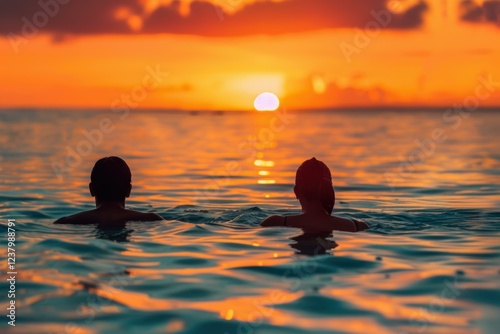 Two people swimming in the ocean during a beautiful golden sunset, enjoying a romantic vacation getaway