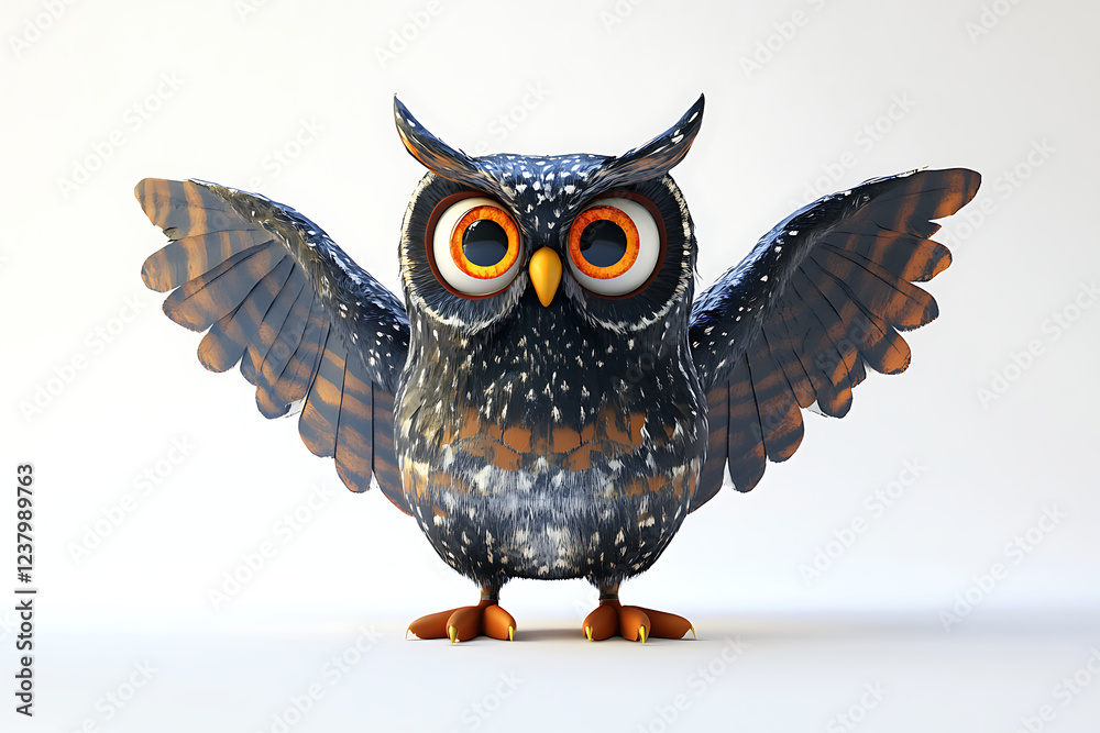 Obraz premium owl on a white background, owl on a blank white background, a owl, owl, cute owl, white background, copy space for add text, 3d rendering, 3d, vector, AI generative