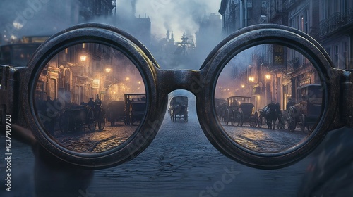 A close-up of steampunk goggles reflecting a foggy, gaslamp-lit Victorian cityscape with cobblestone streets and horse-drawn carriages.. perfect for historical fantasy photo