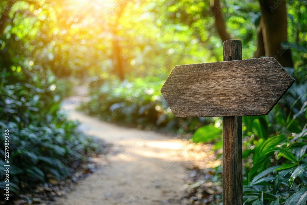 Fototapeta premium Wooden Signpost on a Sunny Pathway Surrounded by Lush Greenery