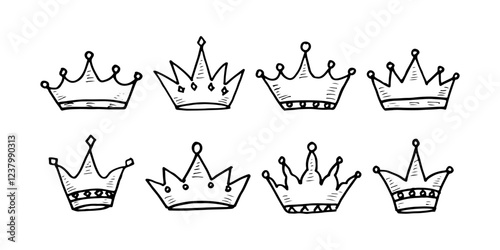 Crown king, queen, prince, and princess doodle cartoon vector element icon
