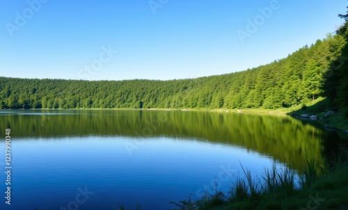 Serene lake surrounded by lush greenery