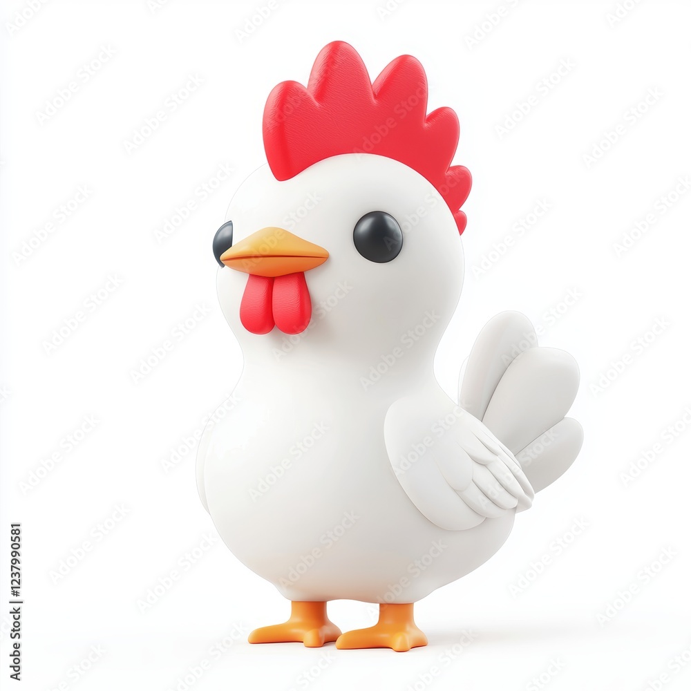 Classic white farm chicken standing with a bright red comb, isolated on a clean white background Classic white farm chicken standing with a bright red comb, isolated on a clean white background