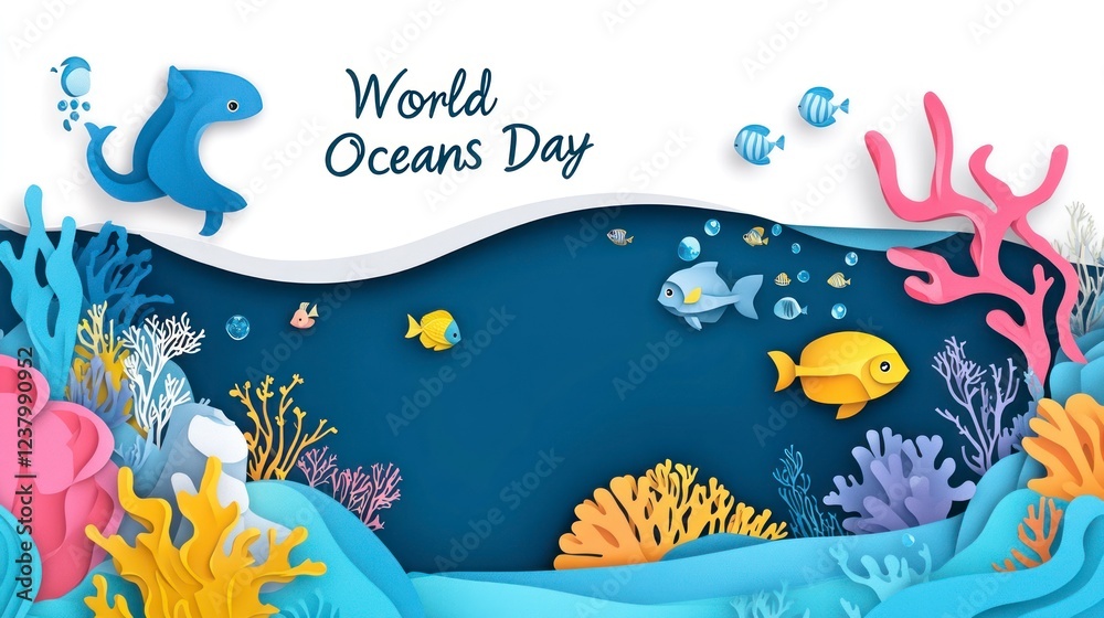 World Ocean Day banner with a paper-cut underwater sea and marine life vector illustration background design template for a poster, card, or flyer with the text 