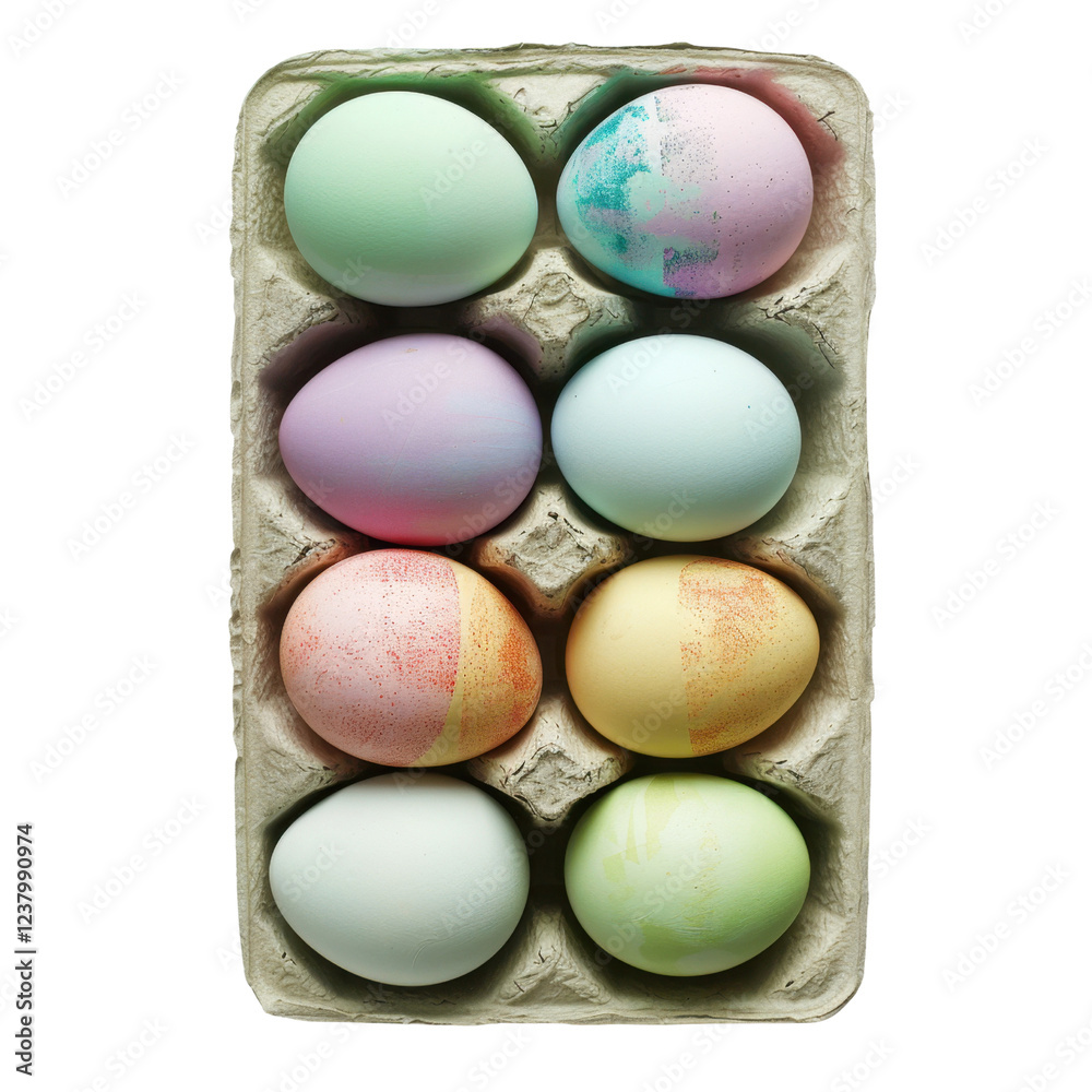 Colorful Easter eggs in carton, showcasing various pastel shades and artistic designs. Perfect for spring celebrations and festive decorations Colorful Easter eggs in carton, showcasing various pastel shades and artistic designs. Perfect for spring celebrations and festive decorations