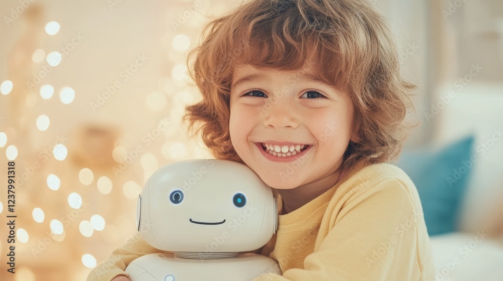 Bright smile of a child hugging a friendly social robot in a warm, inviting home atmosphere, AI companionship concept Bright smile of a child hugging a friendly social robot in a warm, inviting home atmosphere, AI companionship concept