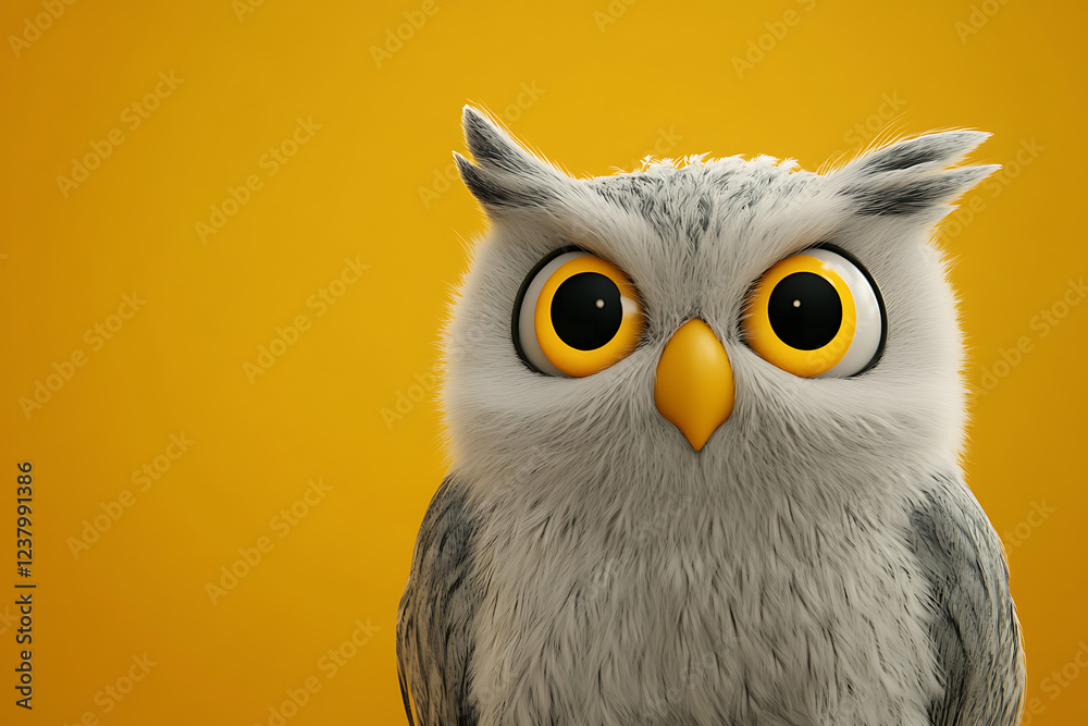 Obraz premium owl on a yellow background, owl on a blank yellow background, a owl, owl, cute owl, yellow background, copy space for add text, 3d rendering, 3d, vector, AI generative