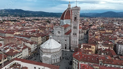 Florence’s iconic cattedrale di santa maria del fiore at sunset, aerial view