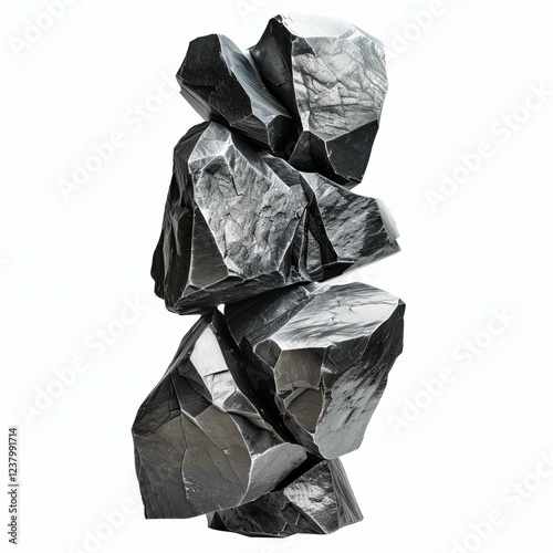 Dark mineral rocks balancing carefully in a precarious stack, isolated on white photo