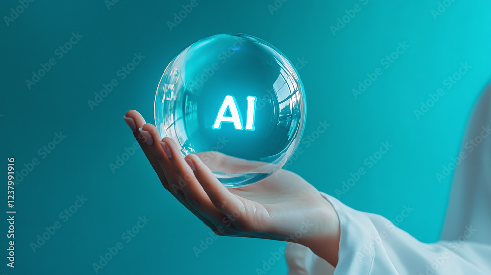 A glass ball with the inscription AI in a woman's hand
