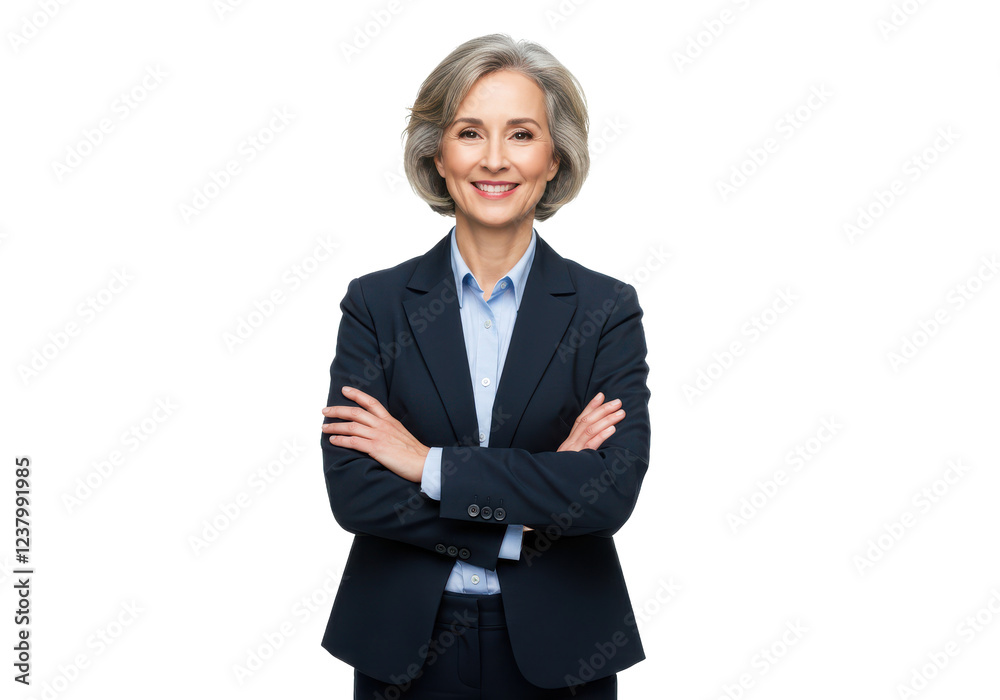 A professional middle-aged woman in a dark blue suit with a light blue shirt, standing with arms crossed and smiling A professional middle-aged woman in a dark blue suit with a light blue shirt, standing with arms crossed and smiling