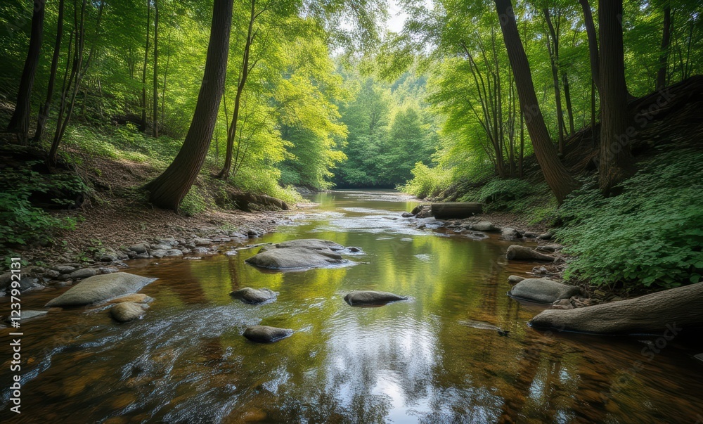 Tranquil forest stream with lush greenery Tranquil forest stream with lush greenery