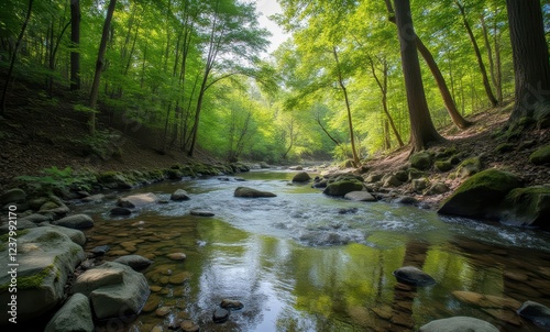 Serene forest stream in lush greenery