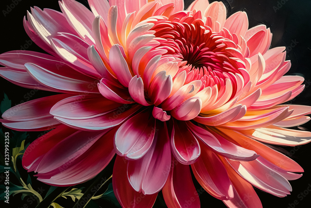 Fototapeta premium Photo oil painting of a pink chrysanthemum flower, a thick brush was used to create texture on the petals.