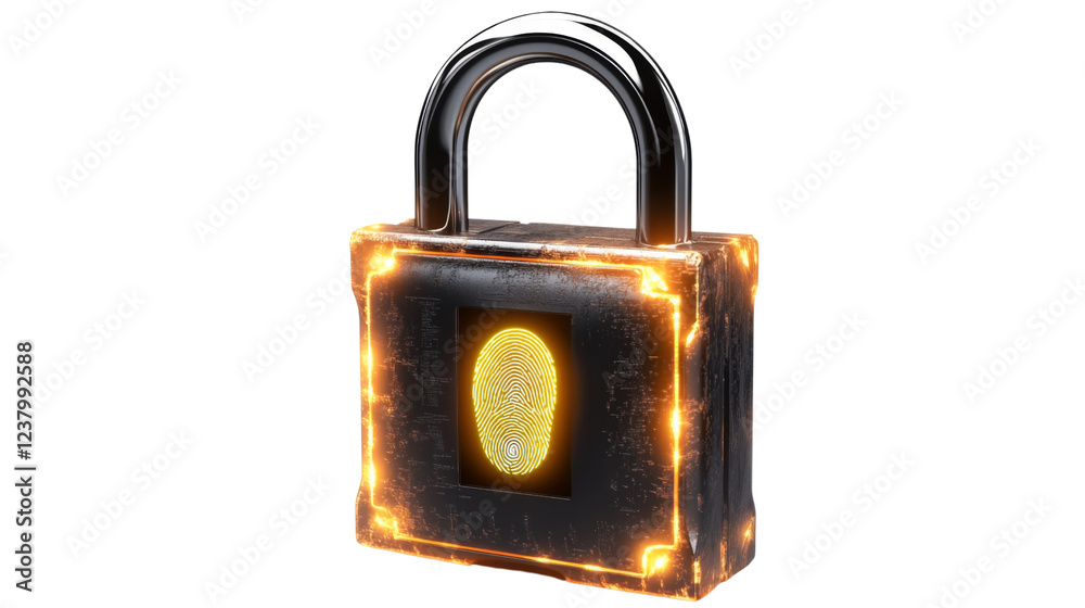 Padlock with glowing fingerprint scanner on transparent background
