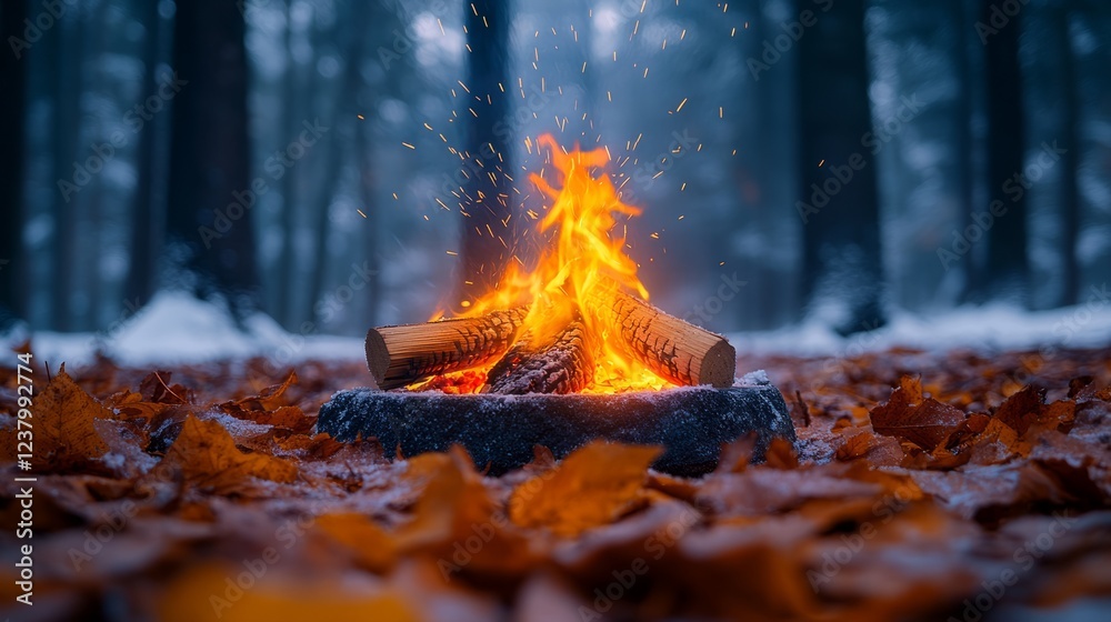 Bright flames dance among logs in a serene, autumnal woodland setting Bright flames dance among logs in a serene, autumnal woodland setting