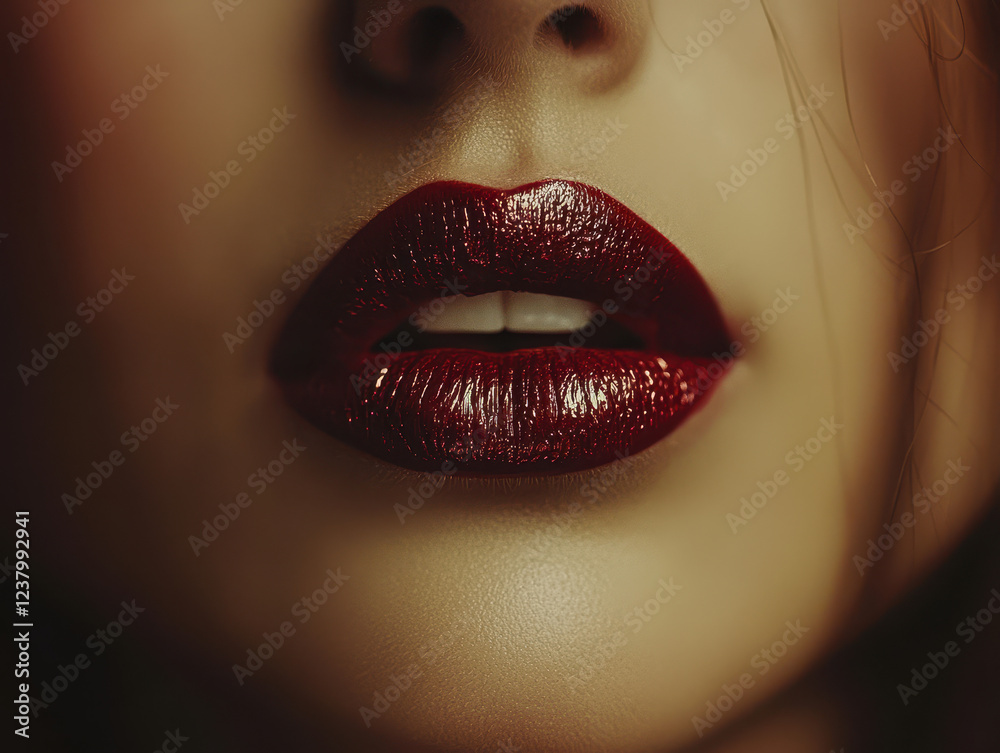 Close-up view of a woman applying deep red lipstick with a glamorous touch in a cinematic beauty setting during a stylish evening