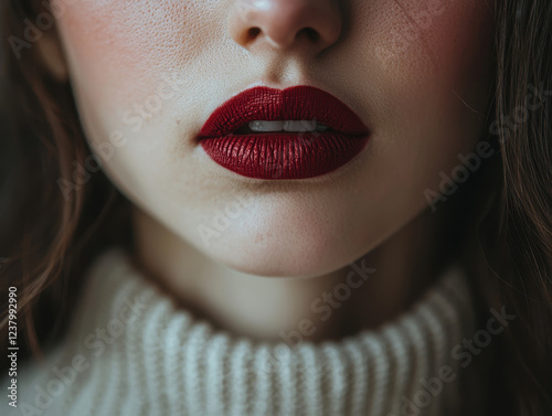 Close-up of a woman applying deep red lipstick in a glamorous setting with cinematic lighting and detailed symmetrical focus during a beauty routine photo